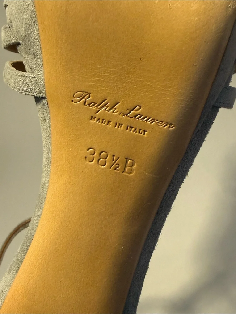 Ralph Lauren Gray Suede Woven T-Strap Heels